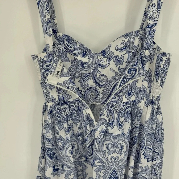 Zara Cotton Linen Cobalt Blue Paisley Classy Old Money Style Bustier Mini Dress - Picture 3 of 4